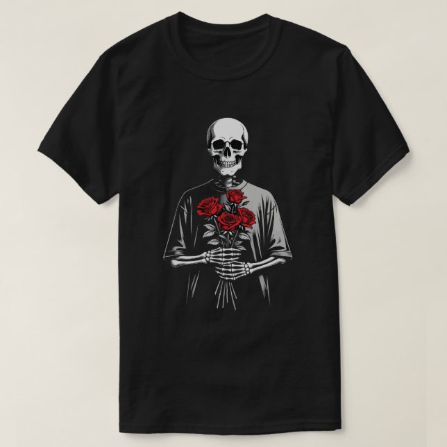 Camiseta Dark Skeleton with Red Roses Bouquet Gothic Aesthe (Frente do Design)