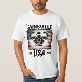 Camiseta Dark Text Gainsville EUA Flag Biceps Bodybuilder