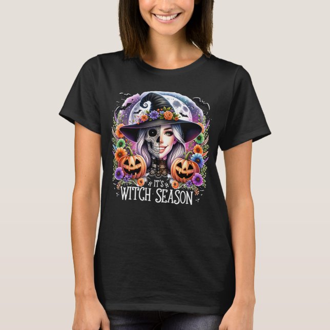 Camiseta das Bruxas com Esqueleto e abóboras (Frente)