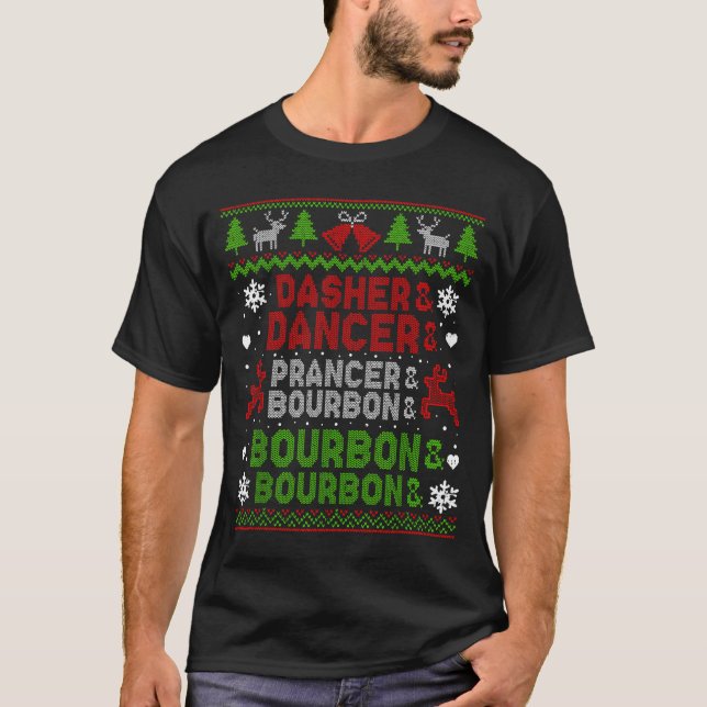 Camiseta Dasher Dancer Prancer Bourbon Ugly Christmas Santa (Frente)