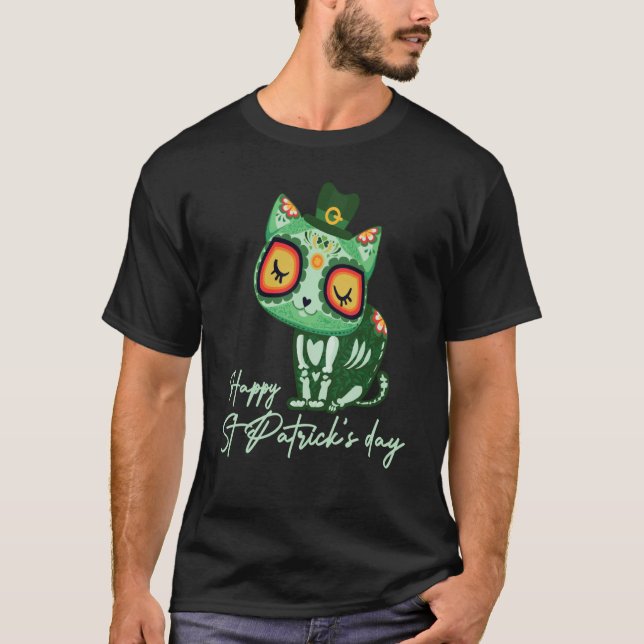 Camiseta Day of Dead Sugar Skull Cat Leprechaun Hat St Patr (Frente)