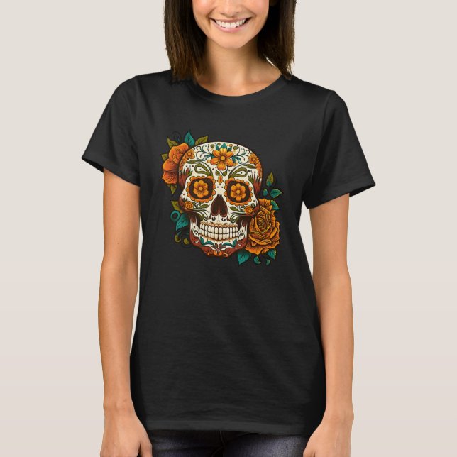 Camiseta Day Of Dead Sugar Skull Floral Skeleton Head Bone  (Frente)
