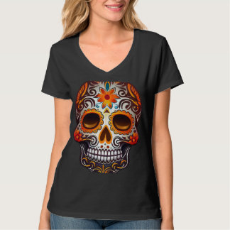 Camiseta Day Of Dead Sugar Skull Floral Skeleton Head Bone 