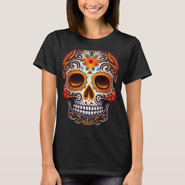 Camiseta Day Of Dead Sugar Skull Floral Skeleton Head Bone  (Frente)