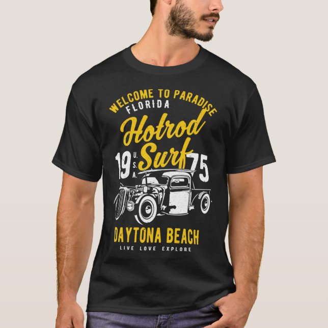 Camiseta Daytona Beach Florida Retro Hotrod Surf Distressed (Frente)