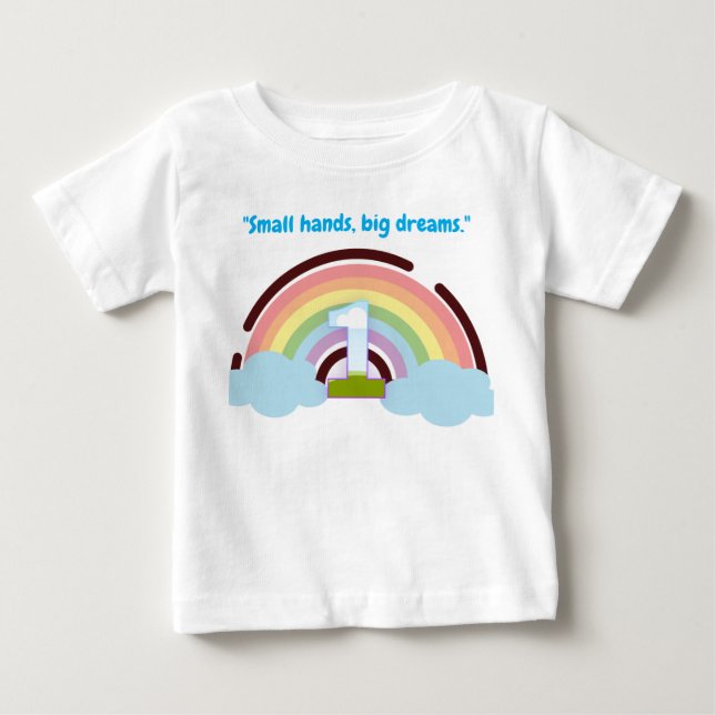 Camiseta de 1º Aniversário Arco-íris Pequenas Mãos (Frente)