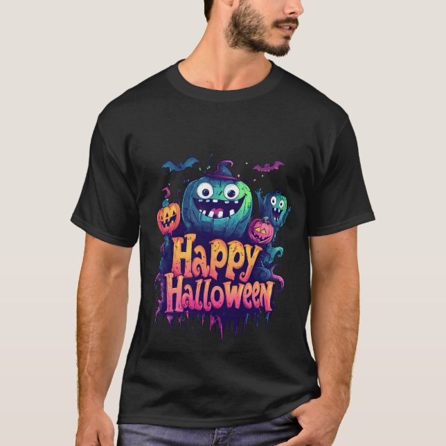 Camiseta de Abóbora Azul e Amarela de Halloween (Frente)