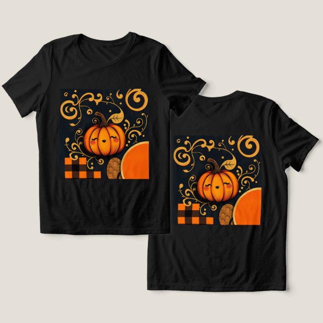 Camiseta de Abóbora-Canvas-Negra-Abóbora (Design Frente e Verso)