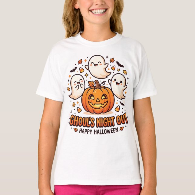 Camiseta de Abóbora Fantasma de Halloween Fofa (Frente)
