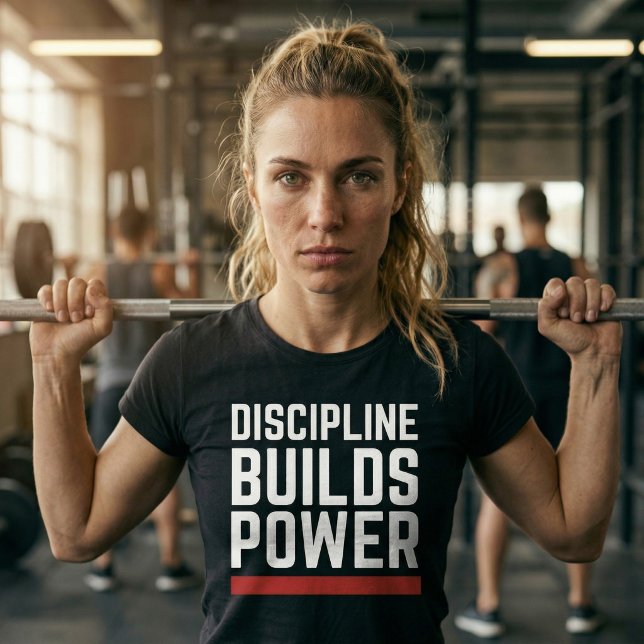 Camiseta de Academia Treino Constrói Poder (Discipline builds power. This design is made for those who stay committed, push through limits, and )