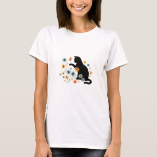Camiseta de água-forte de gato preto floral para m