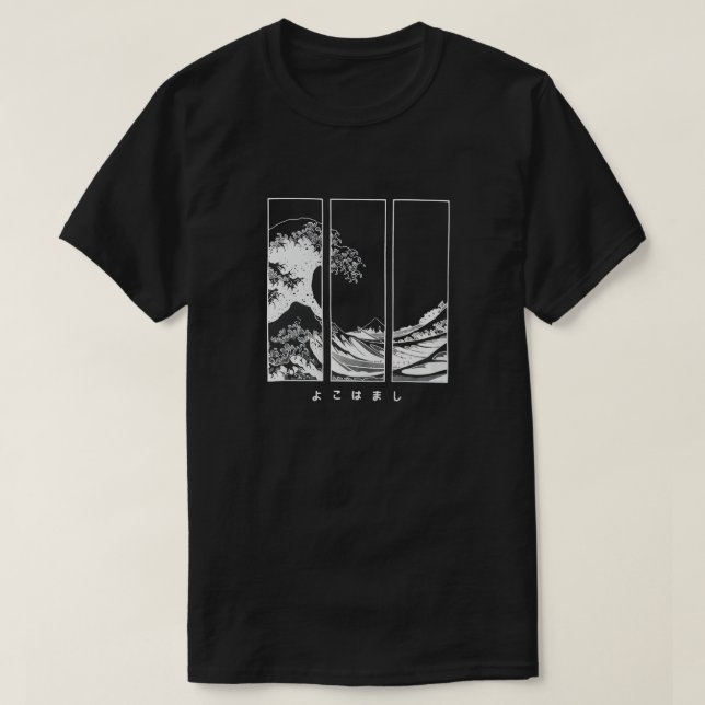 Camiseta de algodão com gráfico de onda japonesa e (Frente do Design)