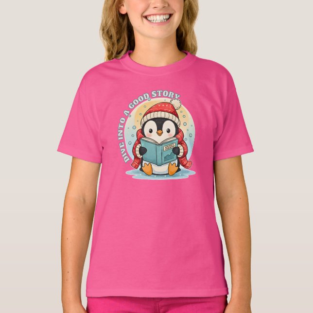 Camiseta de Algodão Kids' Wow Pink Leitura Pinguim (Frente)
