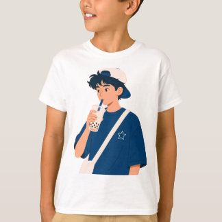 Camiseta de Anime Bonito Bebendo Chá de Bolha