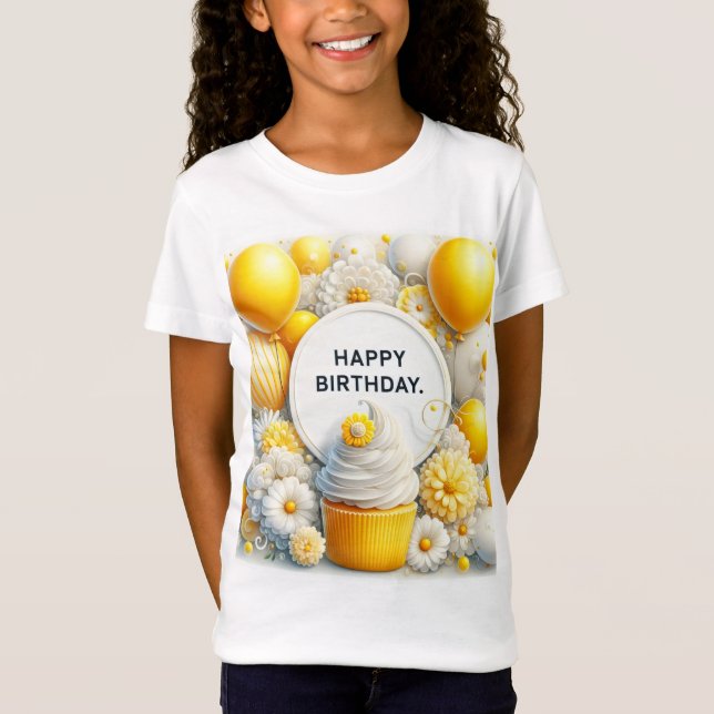camiseta de aniversário com cupcake e balão (Frente)