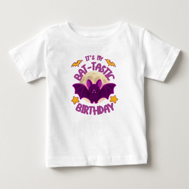 Camiseta de aniversário de Halloween Bat-tástico (Frente)