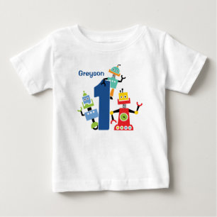 Camiseta de aniversário de robô fofo para primeiro