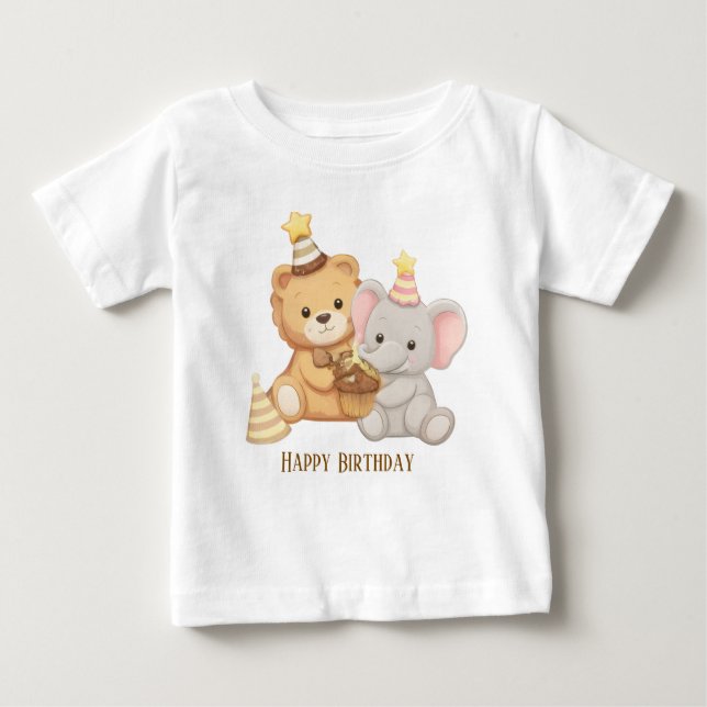 Camiseta de aniversário de urso de pelúcia e elefa (Frente)