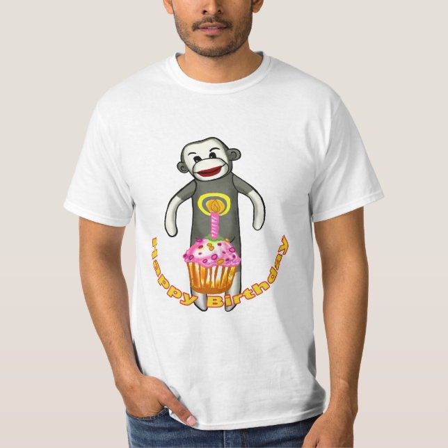 Camiseta de aniversário do Sock Monkey (Frente)