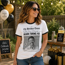 Camiseta de aniversario personalizada com jornal v