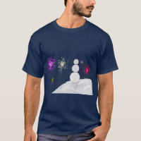Camiseta de Ano Novo com Boneco de Neve e Fogos de