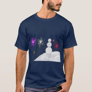 Camiseta de Ano Novo com Boneco de Neve e Fogos de