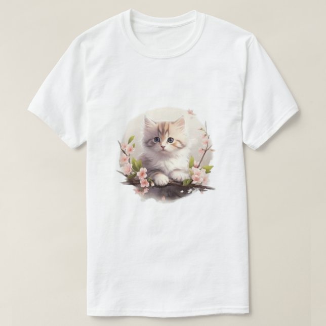 Camiseta de Aquarela com Gatinho Fofinho e Flores  (Frente do Design)