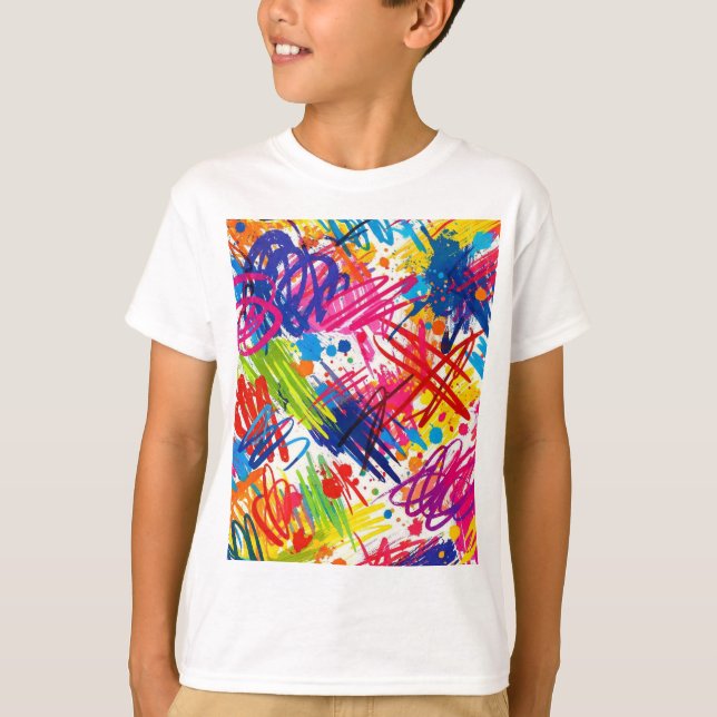 Camiseta de arte abstrata colorida com rabiscos (Frente)