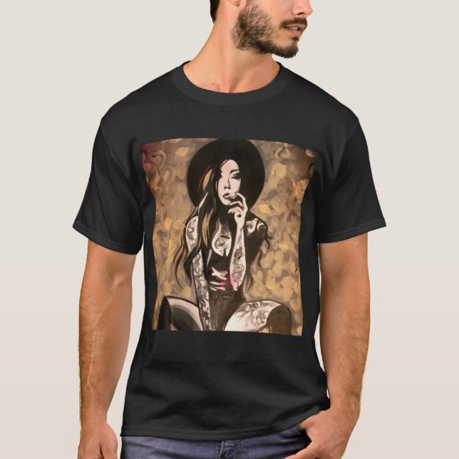 Camiseta de Arte Abstrata Dourada de Mulher com Ta (Frente)