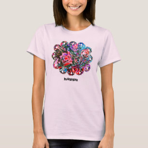 Camiseta de arte bonitinha FELIZ com rosas de meia