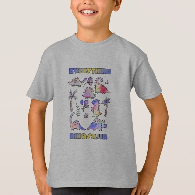 Camiseta de Arte Colorida com Dinossauro Múltiplo  (Frente)