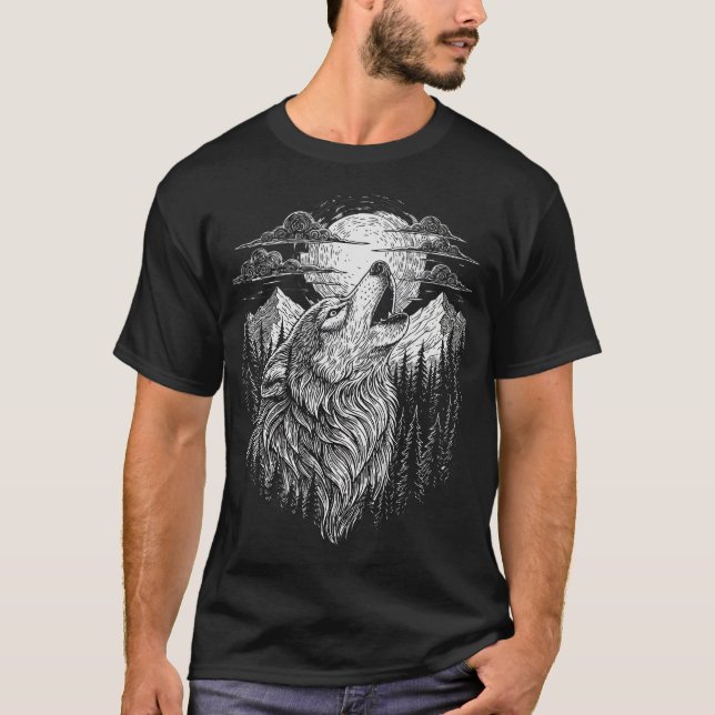 Camiseta de Arte de Linha Lobo Uivando e Lua (Frente)