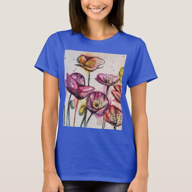 Camiseta de arte em aquarela floral Vermelho Roxo  (Frente)