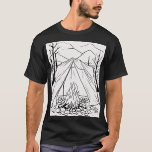 Camiseta de arte linear de fogueira de acampamento