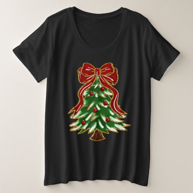 Camiseta de árvore de Natal festiva e laço (Frente do Design)