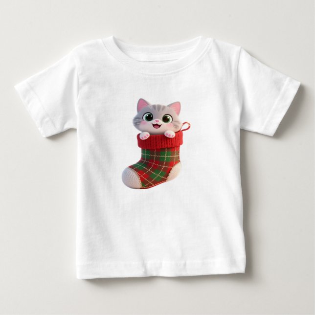 Camiseta de Bebê com Gatinho Fofo de Natal em Meia (Frente)