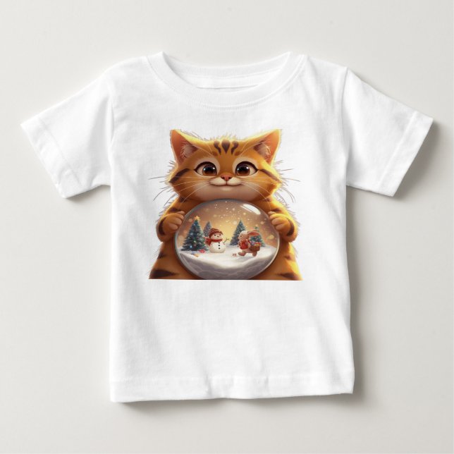 Camiseta de bebê com gato de Natal fofo em globo d (Frente)