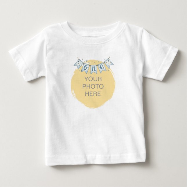 Camiseta de bebê de um ano de idade azul com foto  (Frente)