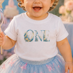 Camiseta de Bebê Floral Azul Um Primeiro Aniversár