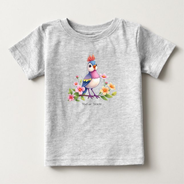 Camiseta de Bebê Floral Passarinho Azul Rosa Fofa (Frente)