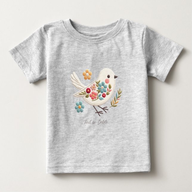 Camiseta de Bebê Floral Pequeno Pássaro Branco (Frente)