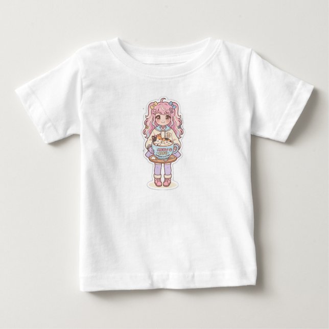 Camiseta de Bebê Menina Anime Chibi Café Neko Kawa (Frente)