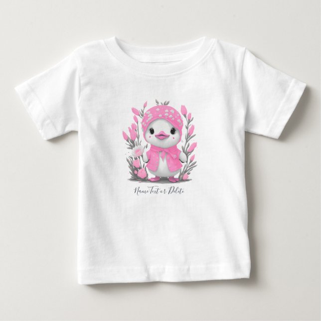 Camiseta de Bebê Pato de Aquarela Flores Rosa (Frente)