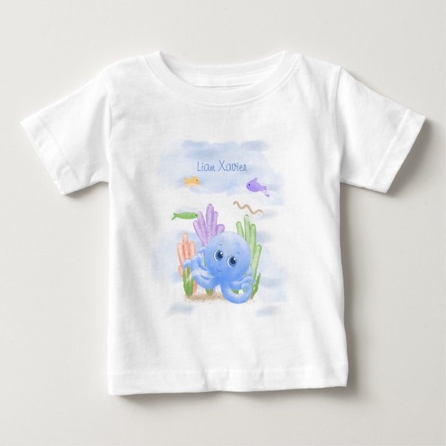 Camiseta de Bebê Polvo Azul Pequeno (Frente)