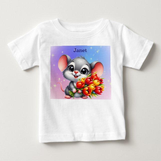 Camiseta de Bebê Rato Fofo da Janet com Tulipas (Frente)