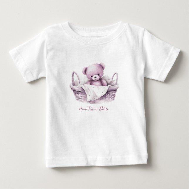 Camiseta de Bebê Urso de Pelúcia Rosa em Cesto (Frente)