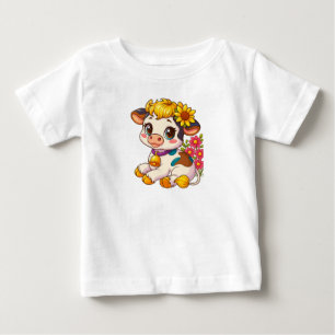 Camiseta de Bebê Vaca Fofa com Flores