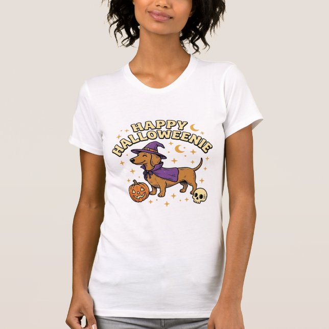 Camiseta de Cachorro Bruxa Dachshund Feliz Hallowe (Frente)