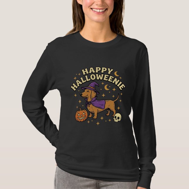 Camiseta de Cachorro Bruxa Dachshund Feliz Hallowe (Frente)