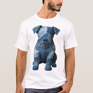 Camiseta de Cachorro de Arte em Remendo de Jeans F